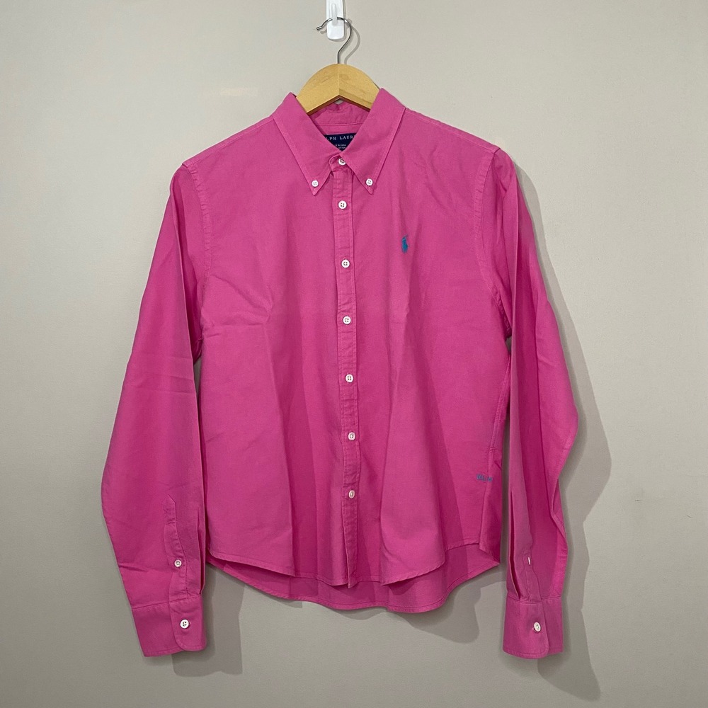 Ralph Lauren Womens Pink Cotton Oxford Button Down Shirt Size 14 Turquoise Pony